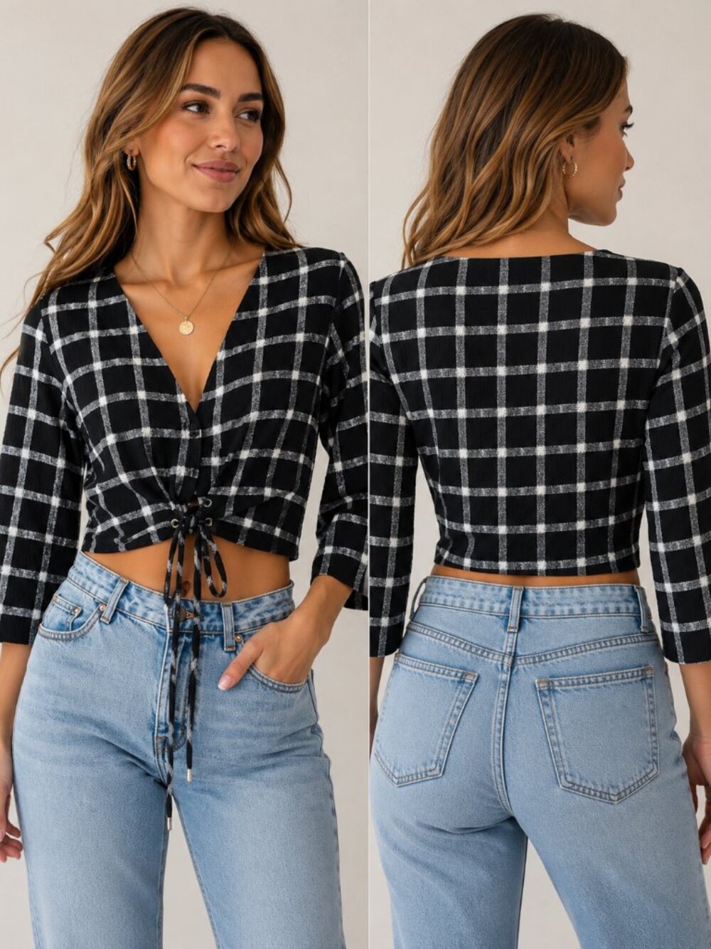 Good Luck Gem Black White Windowpane Tie Front Crop Blouse NWT Size S